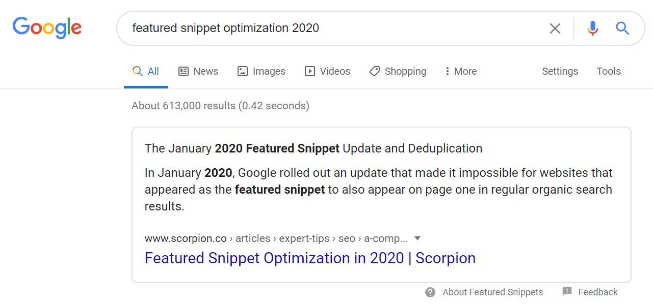 featured snippet result for "featured snippet optimization 2020" Google search