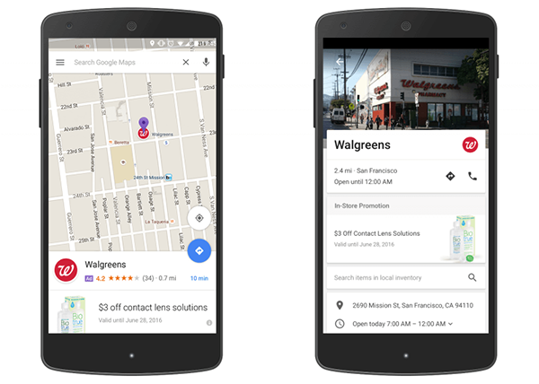 Left: A promoted pin for Walgreens in Google Maps; Right: An in-store promotion for Walgreens in a Google Maps listing