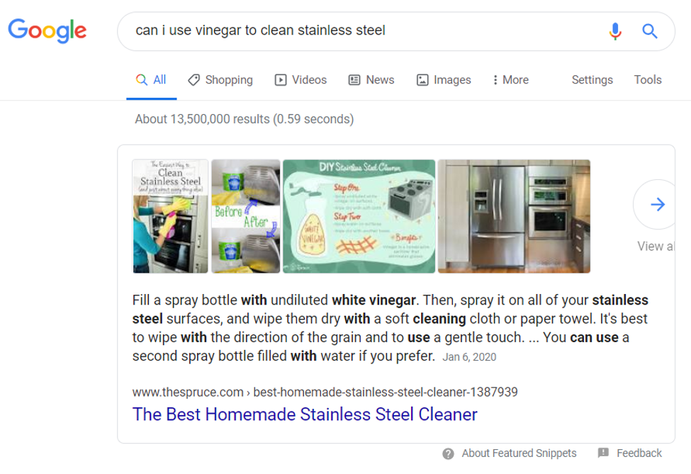 Google search result for "can i use vinegar to clean stainless steel" 