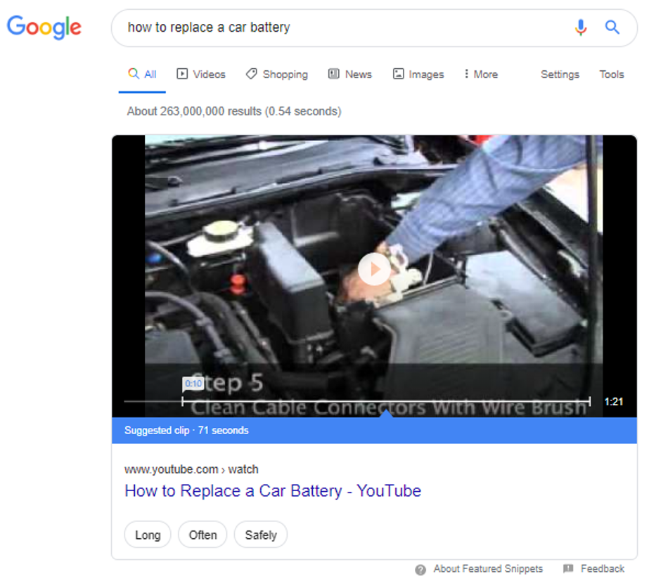 Interactive video carousel featured snippet 