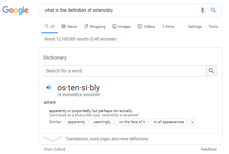 Google search result for a word definition 