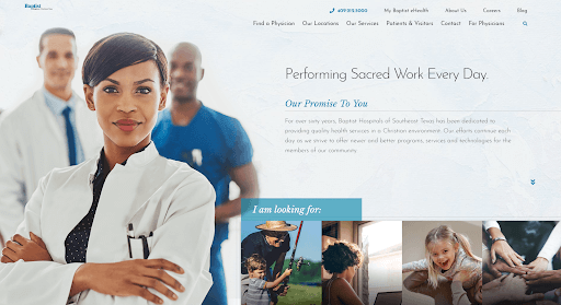 Homepage of the website for Baptist Hospitals of Southeast Texas showing a confident-looking female doctor with her arms crossed and two other male medical staff members nearby. The image is next to the words, "Performing Sacred Work Every Day".
