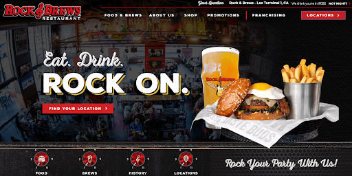 Homepage of the website for Rock & Brews showing a burger, fries, and a beer next to the words, "Eat. Drink. ROCK ON."