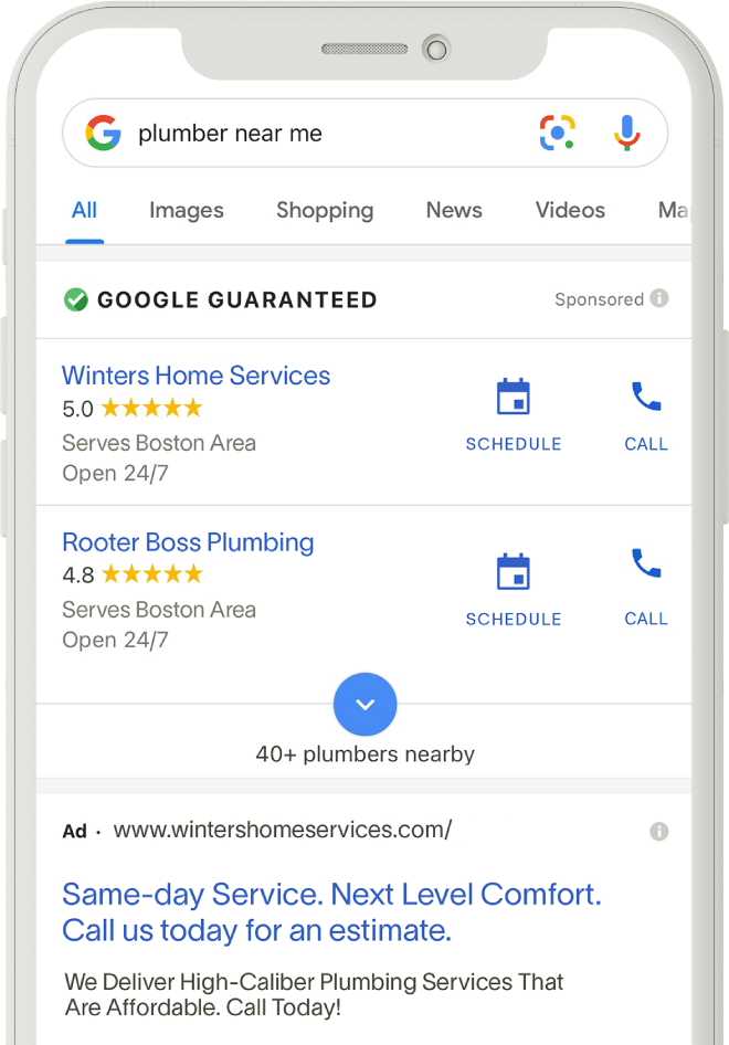 Local Services Ads example searching for a "plumber near me" on a mobile phone. 