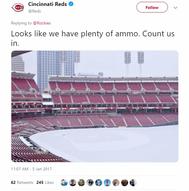 Reds Twitter post - Snow Day, empty stadium full of snow