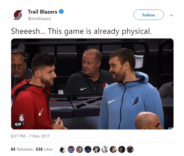 Two NBA players joking around on the basketball court